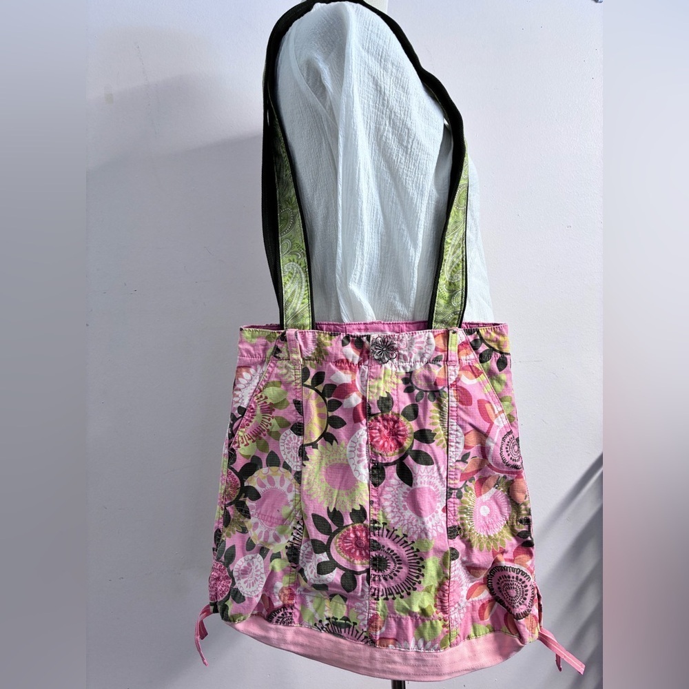 Handmade Upcycled Cotton Tote, Shoulder Bag, Salmon Pink/Green, Floral - Picture 1 of 7